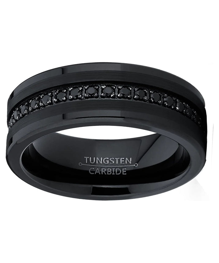 Mens Genuine Tungsten Black Wedding Band Eternity Ring Cubic Zirconia Comfort-Fit