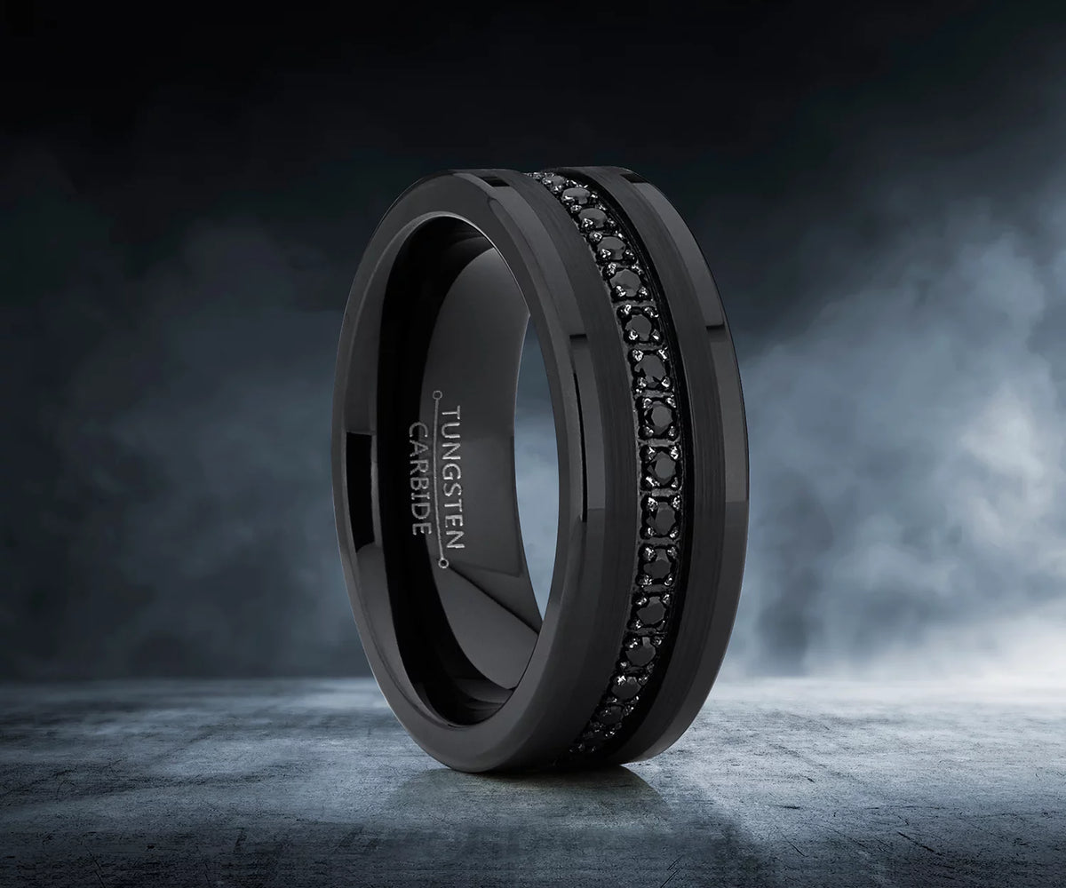 Mens Genuine Tungsten Black Wedding Band Eternity Ring Cubic Zirconia Comfort-Fit